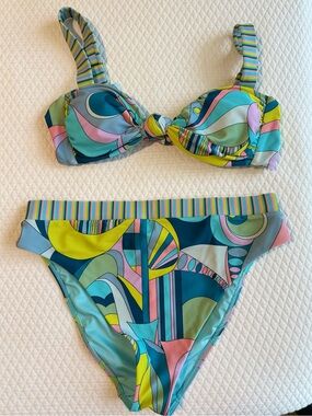 Show Me Your MuMu Multicolor Abstract-Print Bikini in Teal, Yellow, Pink